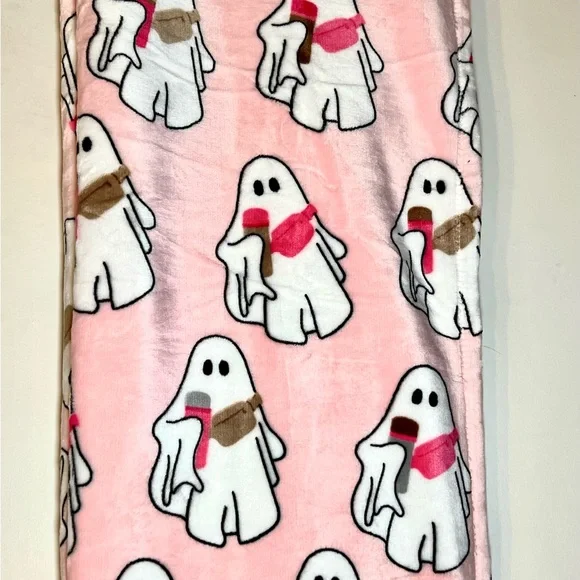 Halloween Cute Ghost Velvet Throw Blanket Ghostie w/Crossbody Bag & Coffee - Picture 2 of 11